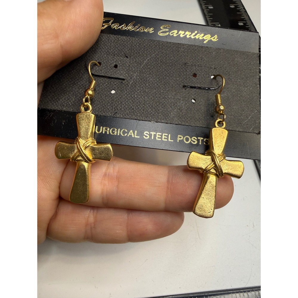 Gold Tone Cross Dangle Earrings Surgical Steel Posts Wrapped Wire Detail 2in